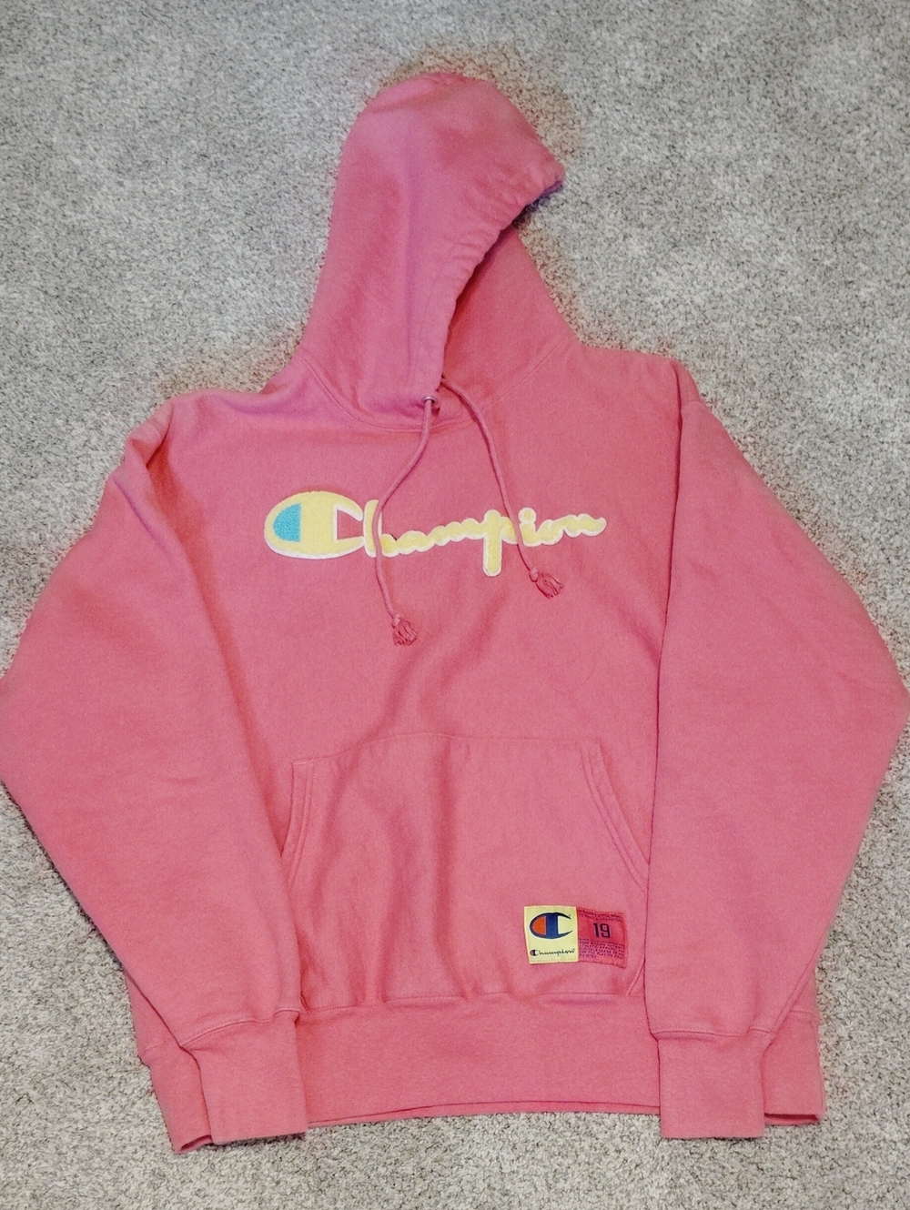 Champion Pink Script Logo Hoodie - Women's Crewneck Sweatshirt